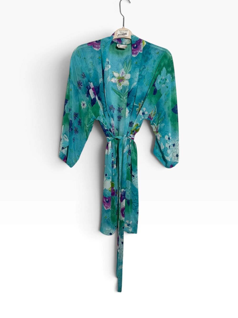 California Dynasty Robe Womens Large Blue Teal Floral Sheer Kimono Belted Vintag